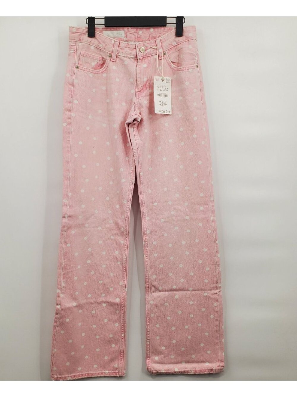Zara TRF Wide Leg Low Rise Polka Dot Jeans Denim Pants Women Size 4 NWT Pink